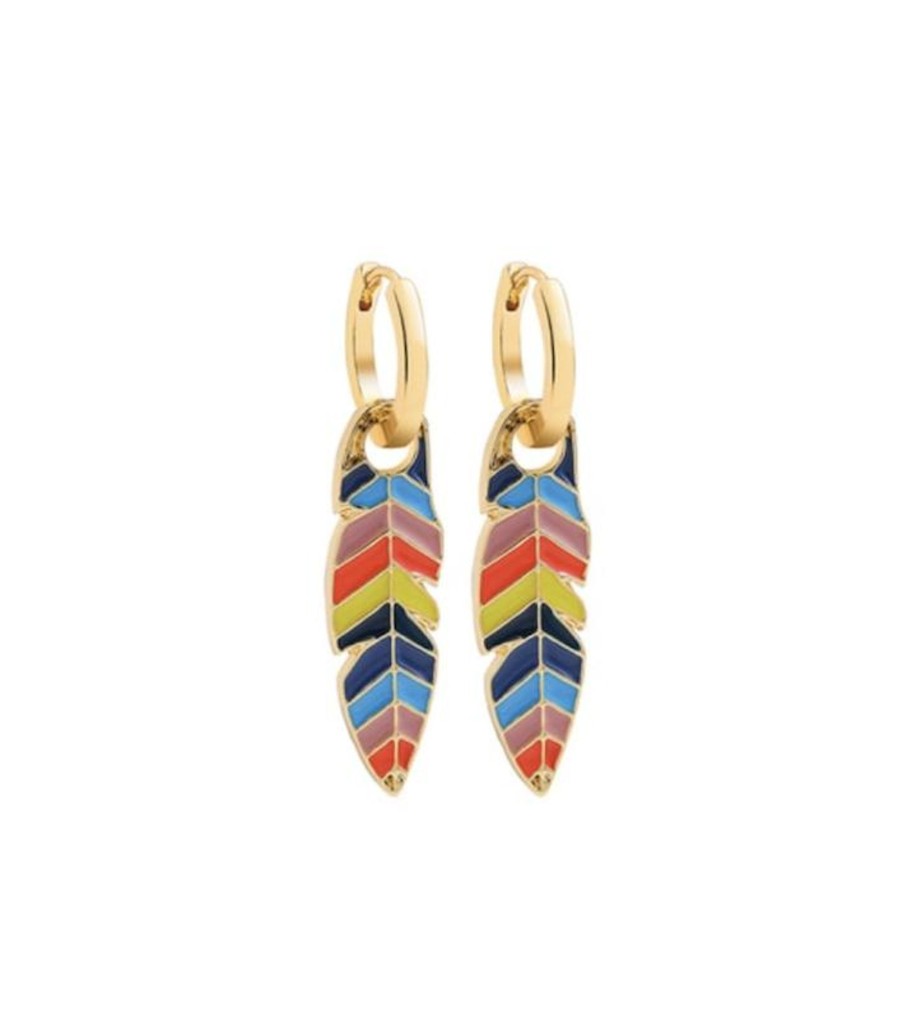 Women don't ask Jewelry | Goldtone & Multi Colored Feather Huggie Hoop Earrings- Don'T Ask Multicolor