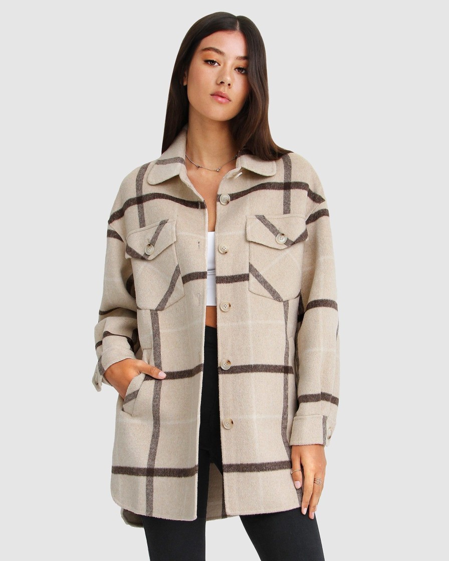 Women belle & bloom Coats & Jackets | Belle & Bloom River'S Edge Plaid Shacket Dark Beige