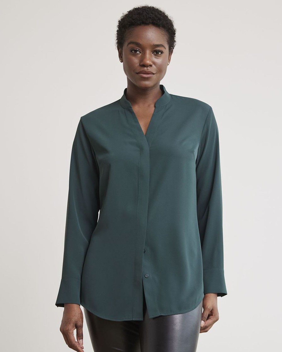 Women r.w. & co. Tops | Long-Sleeve V-Neck Crepe Popover Blouse Green Gables