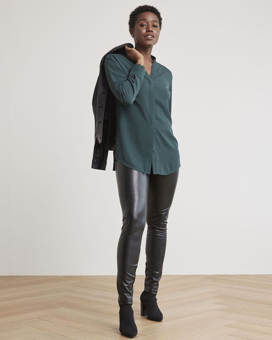 Women r.w. & co. Tops | Long-Sleeve V-Neck Crepe Popover Blouse Green Gables