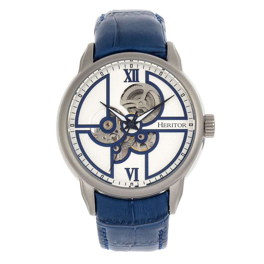 Men heritor automatic Watches | Heritor Automatic - Sanford Semi-Skeleton Leather-Band Watch /Blue Silver