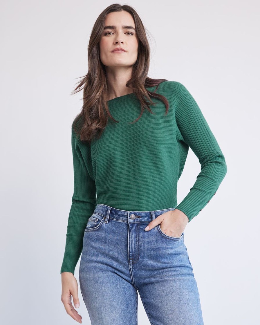 Women r.w. & co. Sweaters & Cardigans | Long-Batwing-Sleeve Classic Sweater With Boat Neckline Smoke Pine-