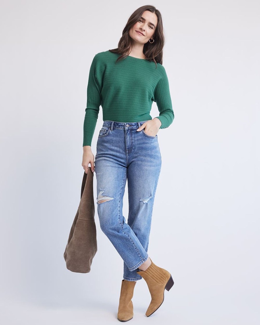 Women r.w. & co. Sweaters & Cardigans | Long-Batwing-Sleeve Classic Sweater With Boat Neckline Smoke Pine-