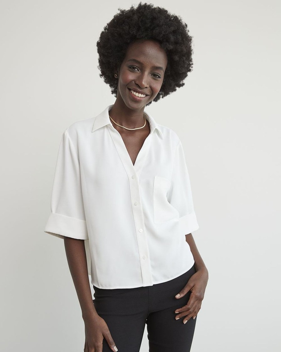 Women r.w. & co. Blouses & Shirts | Soft Crepe Buttondown Blouse With Roll-Up Sleeves And Pocket Snow White