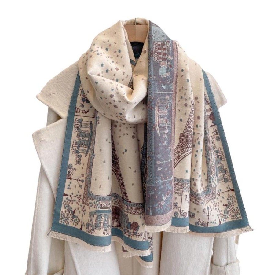 Women don't ask Hats, Gloves, & Scarves | Beige & Dusty Blue Parisian Patterned Fringe-Trimmed Scarf- Don'T Ask Multicolor