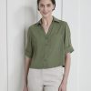 Women r.w. & co. Blouses & Shirts | Soft Crepe Buttondown Blouse With Roll-Up Sleeves And Pocket Olivine