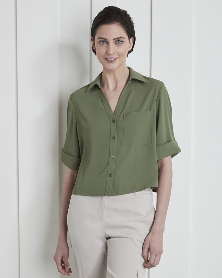 Women r.w. & co. Blouses & Shirts | Soft Crepe Buttondown Blouse With Roll-Up Sleeves And Pocket Olivine