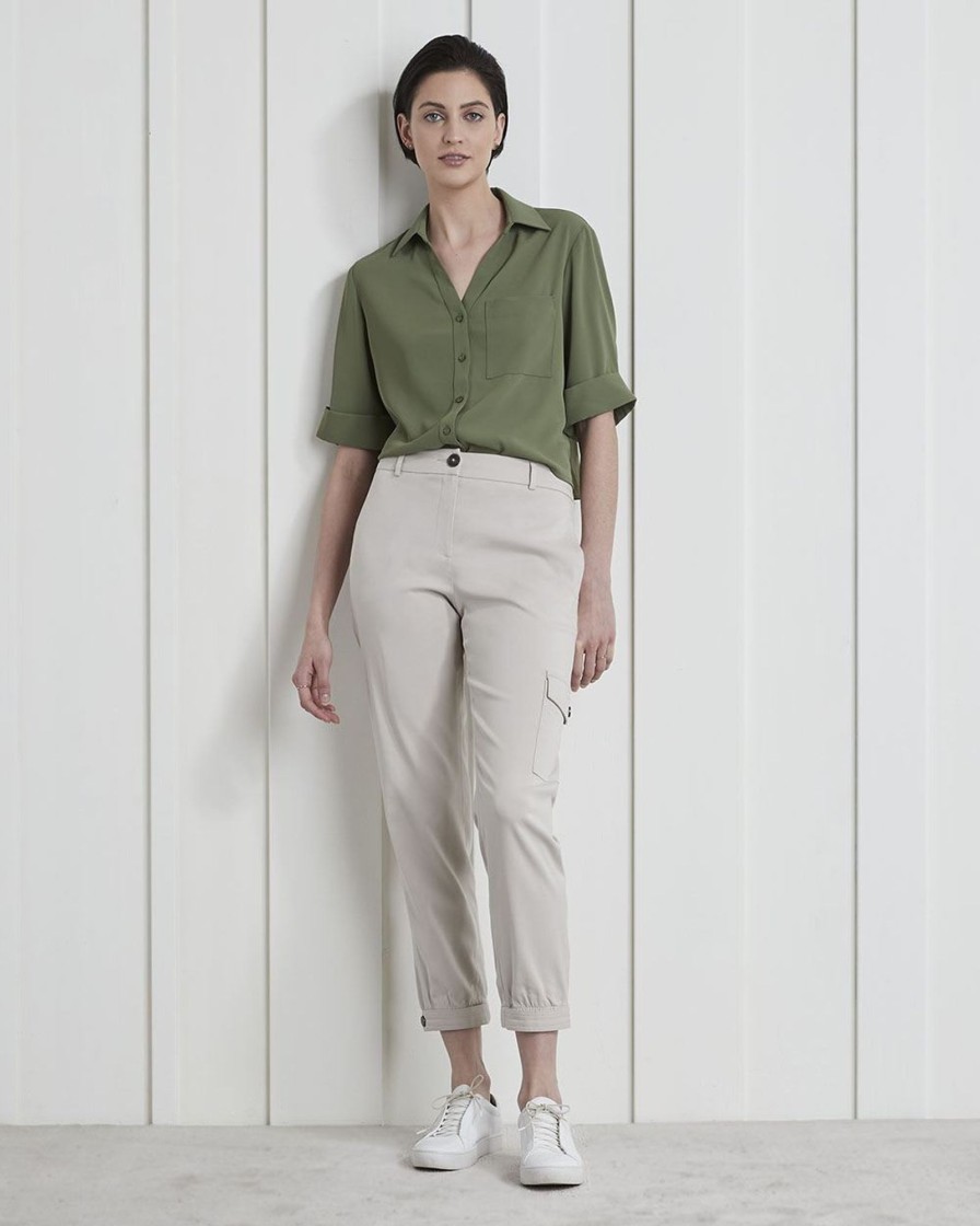 Women r.w. & co. Blouses & Shirts | Soft Crepe Buttondown Blouse With Roll-Up Sleeves And Pocket Olivine