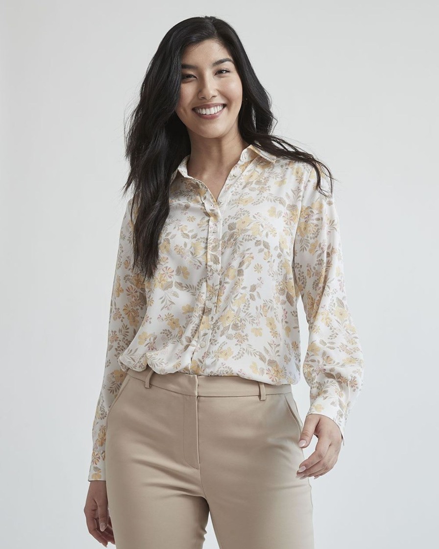 Women r.w. & co. Blouses & Shirts | Twist Twill Buttondown Long Sleeve Blouse Snow White Multi