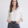 Women r.w. & co. Tops | Long-Sleeve Buttoned-Down Fluid Blouse With V Neckline Pearled Ivory