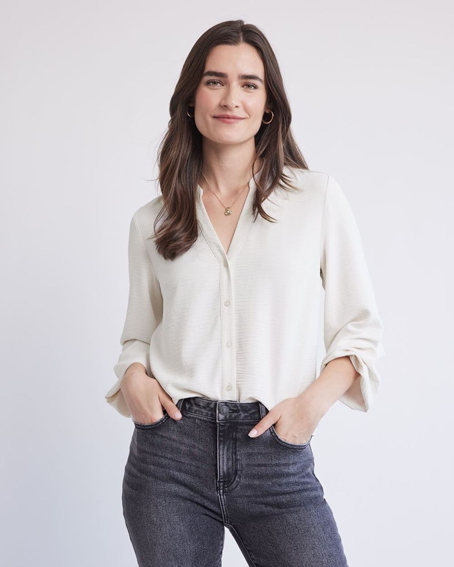 Women r.w. & co. Tops | Long-Sleeve Buttoned-Down Fluid Blouse With V Neckline Pearled Ivory