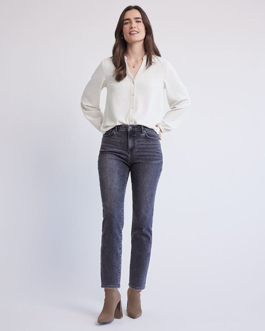 Women r.w. & co. Tops | Long-Sleeve Buttoned-Down Fluid Blouse With V Neckline Pearled Ivory