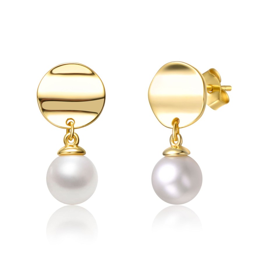 Women genevive Jewelry | Sterling Silver 14K Yellow Plated With White Pearl Medallion Coin Double Drop Dangle Earrings Gold