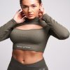 Women twill active Active Tops | Twill Active - Vialla Recycled Rib High Neck Long Sleeve Crop Top - Petrol Light Green