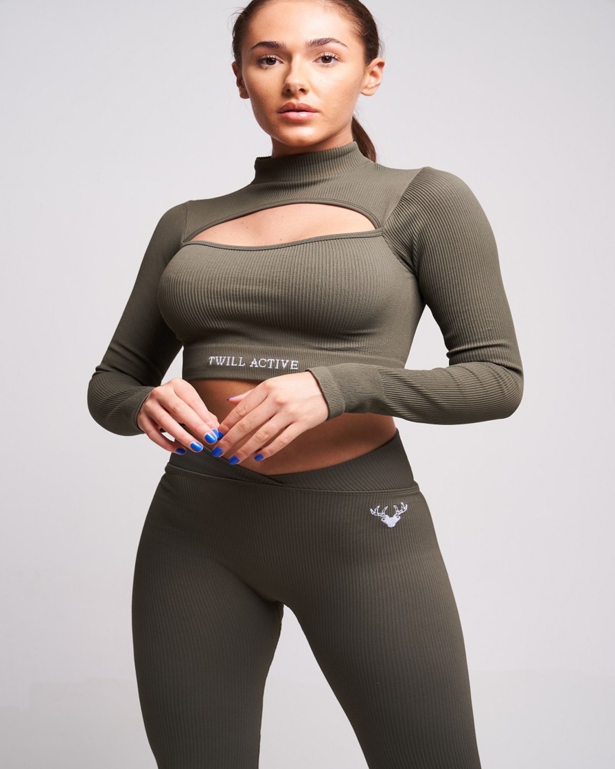 Women twill active Active Tops | Twill Active - Vialla Recycled Rib High Neck Long Sleeve Crop Top - Petrol Light Green