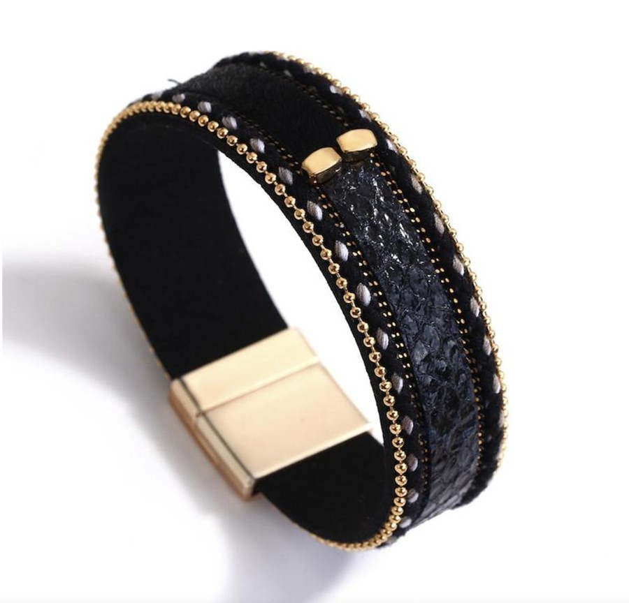 Women don't ask Jewelry | Goldtone Faux Leather Snakeskin Bracelet - Don'T Ask Black