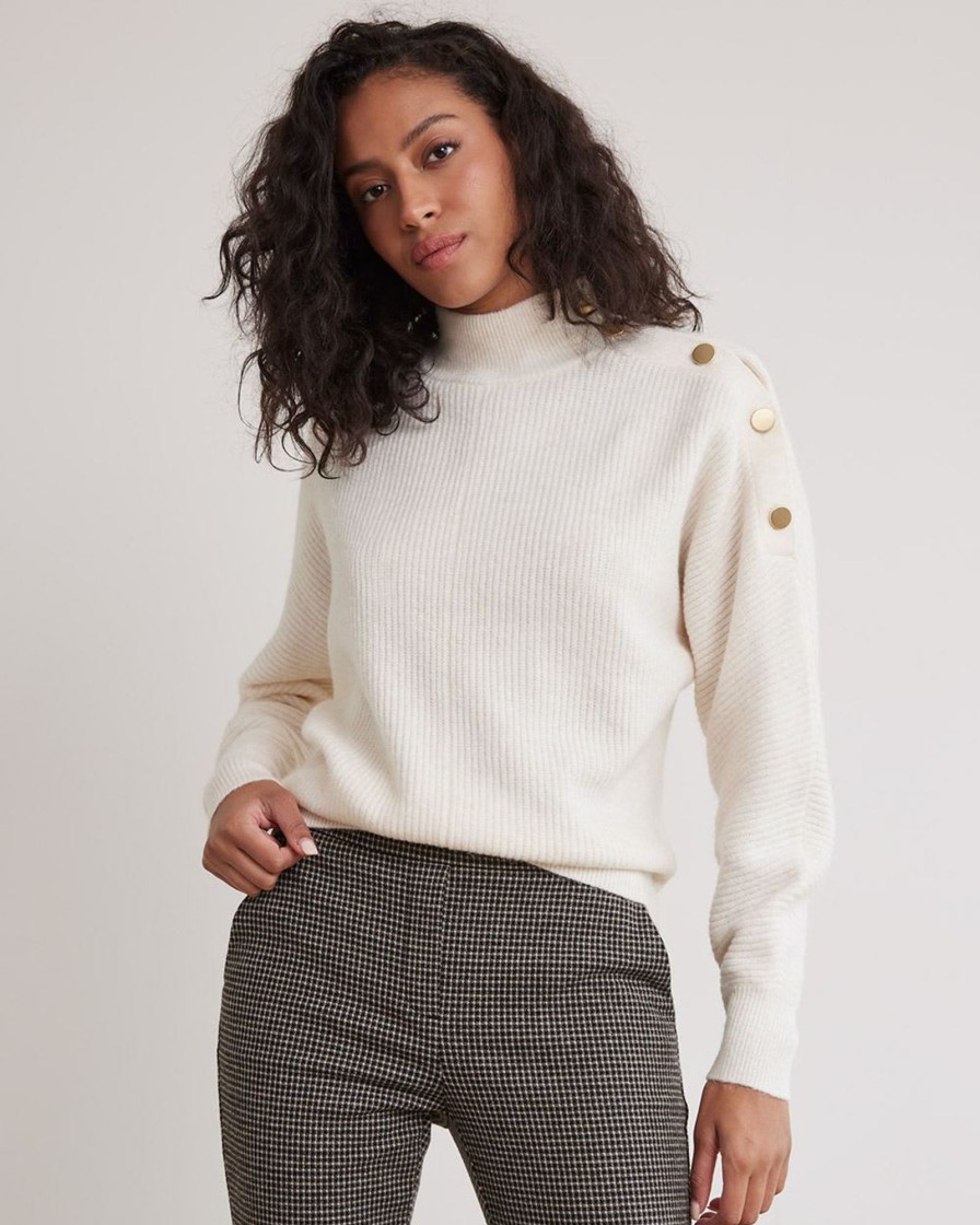 Women r.w. & co. Tops | Long-Sleeve Mock-Neck Sweater With Buttons At Shoulder Off White Mix