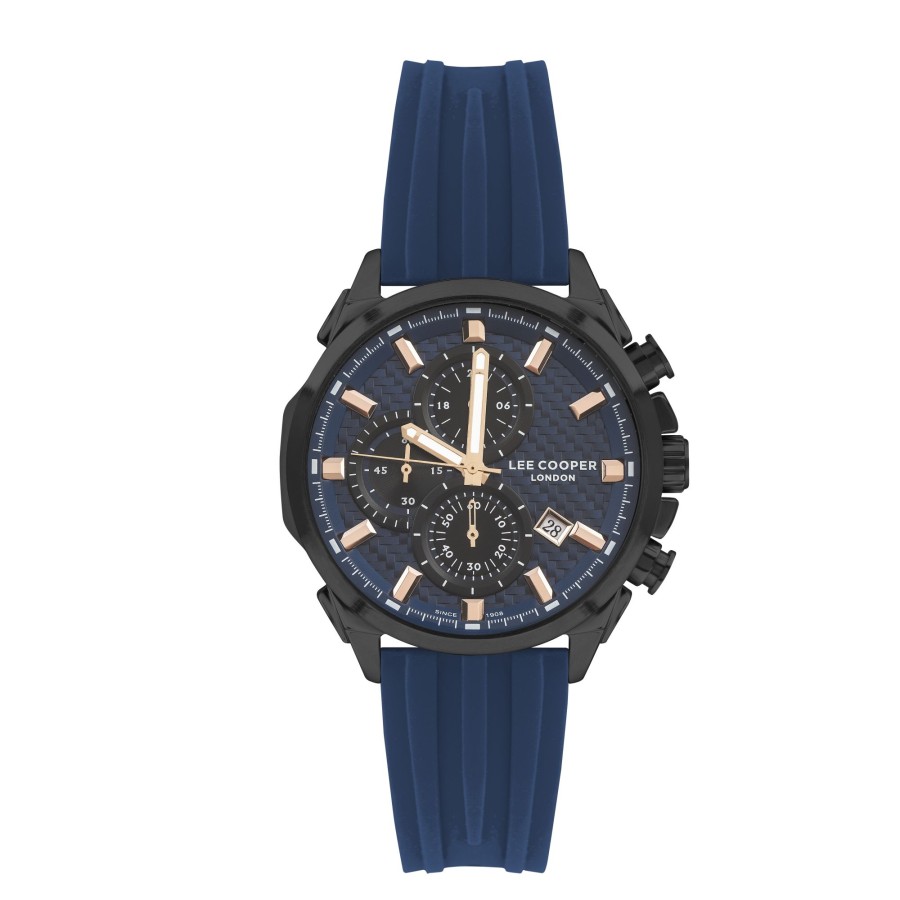 Men lee cooper Watches | Lee Cooper-Men'S Black 45Mm Watch W/Blue Dial Dark Blue