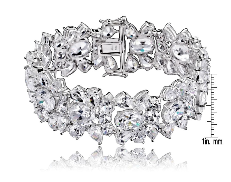 Women genevive Jewelry | Genevive - Cubic Zirconia Sterling Rhodium Plated Wide Flower Bracelet Silver