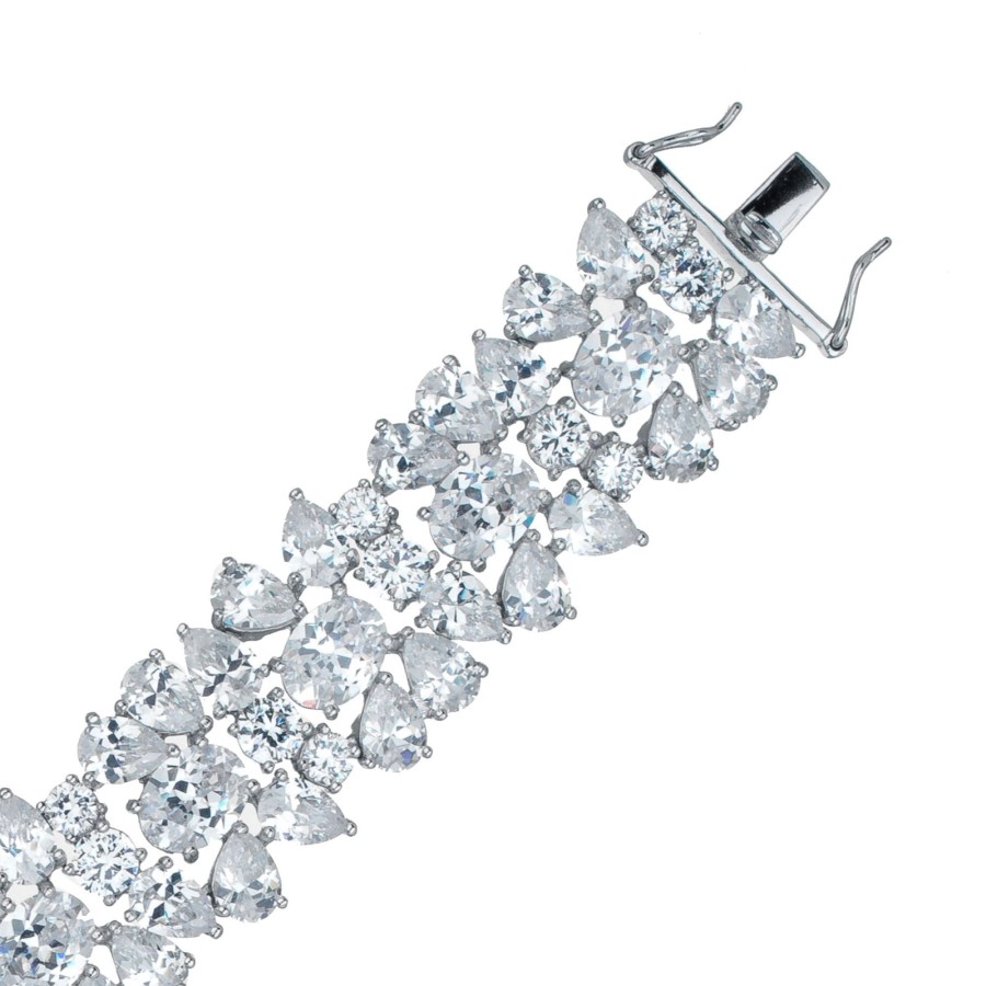 Women genevive Jewelry | Genevive - Cubic Zirconia Sterling Rhodium Plated Wide Flower Bracelet Silver