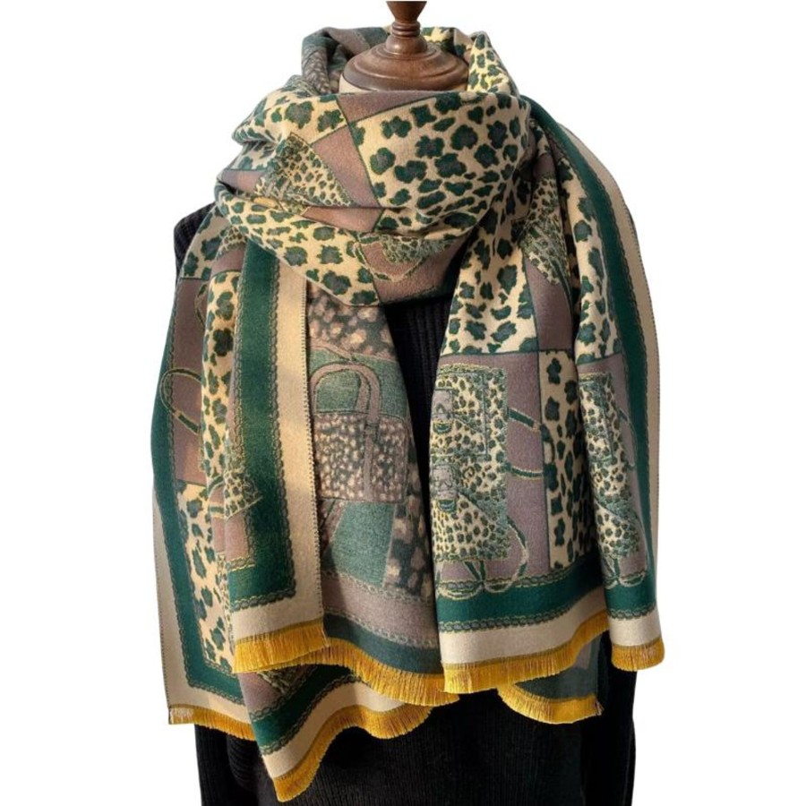 Women don't ask Hats, Gloves, & Scarves | Luxurious Leopard And Geometric Scarf In Green- Don'T Ask Multicolor