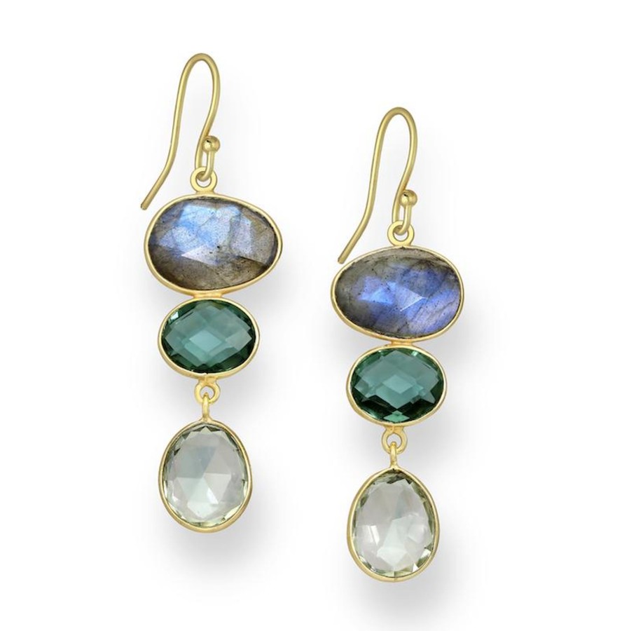 Women ag sterling Jewelry | 18K Tone Plated Sterling Silver Green Tourmaline, Amethyst & Labraodite Oval Faceted Drop Earrings- Ag Sterling Gold