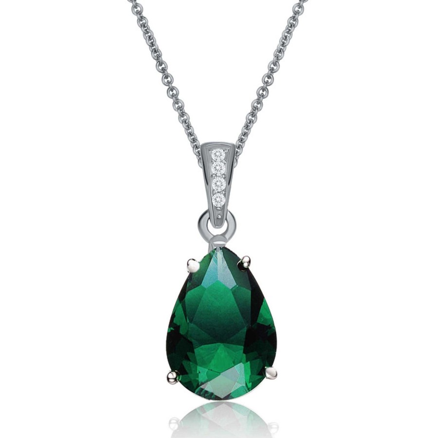 Women genevive Jewelry | Sterling Silver White Gold Plating With Colored Cubic Zirconia Pear Shaped Pendant Necklace Medium Green