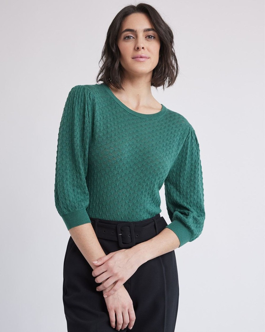 Women r.w. & co. Sweaters & Cardigans | 3/4-Sleeve Pointelle Sweater With Cut-Out At Back Smoke Pine