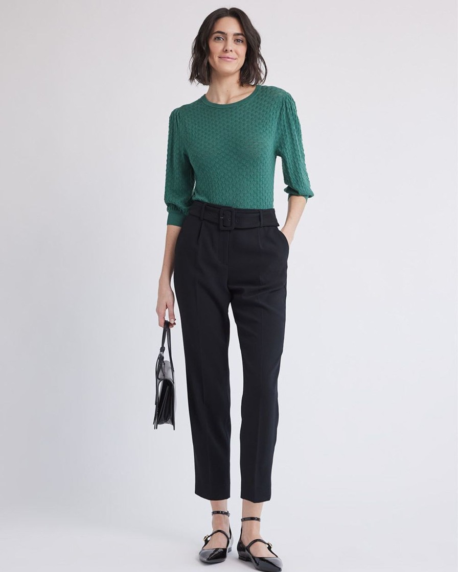 Women r.w. & co. Sweaters & Cardigans | 3/4-Sleeve Pointelle Sweater With Cut-Out At Back Smoke Pine