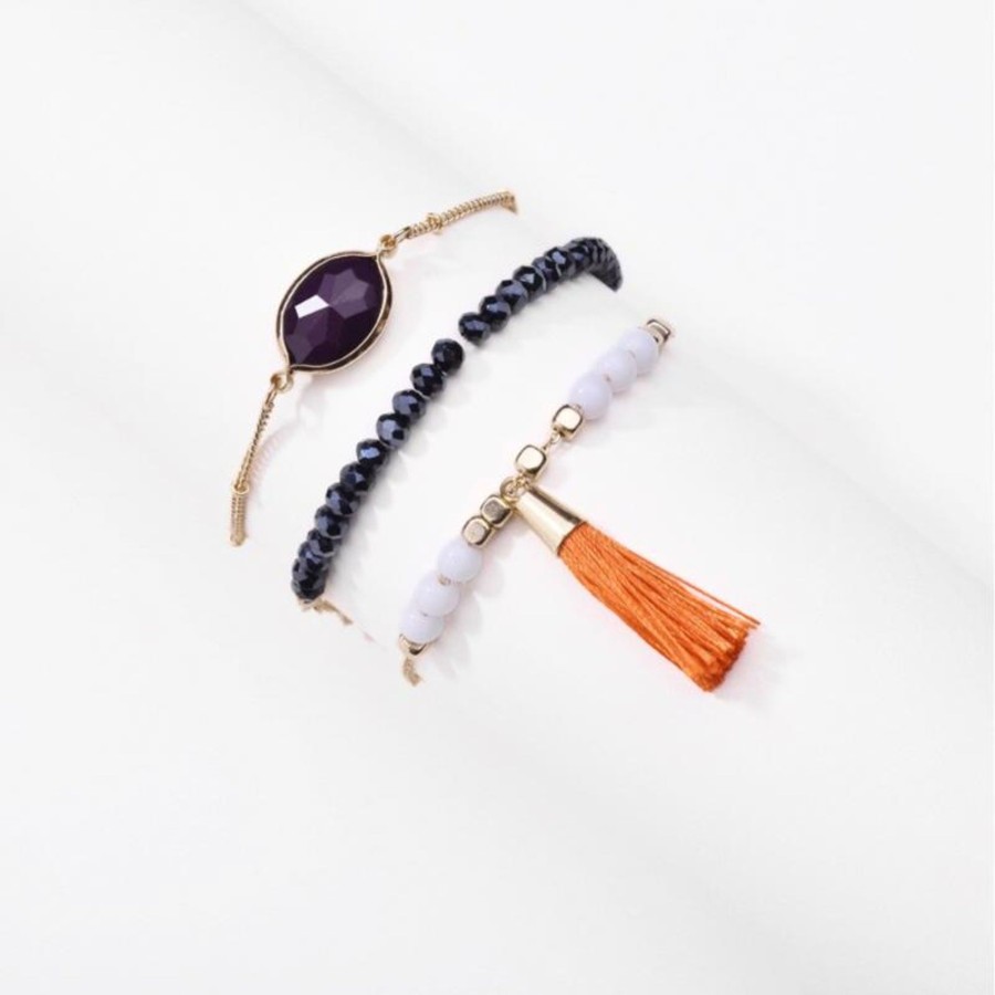 Women don't ask Jewelry | Purple Crystal & Orange Tassle Set Of 3 Bracelets- Don'T Ask Multicolor