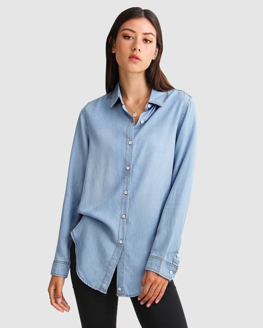 Women belle & bloom Blouses & Shirts | Belle & Bloom Keep Me Wild Denim Top Light Blue