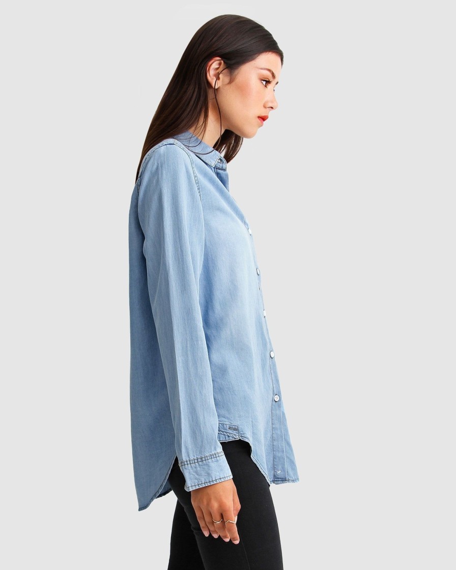 Women belle & bloom Blouses & Shirts | Belle & Bloom Keep Me Wild Denim Top Light Blue