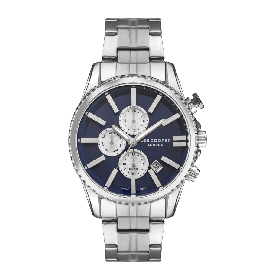 Men lee cooper Watches | Lee Cooper-Men'S Silver 44Mm Watch W/Blue Dial Dark Blue