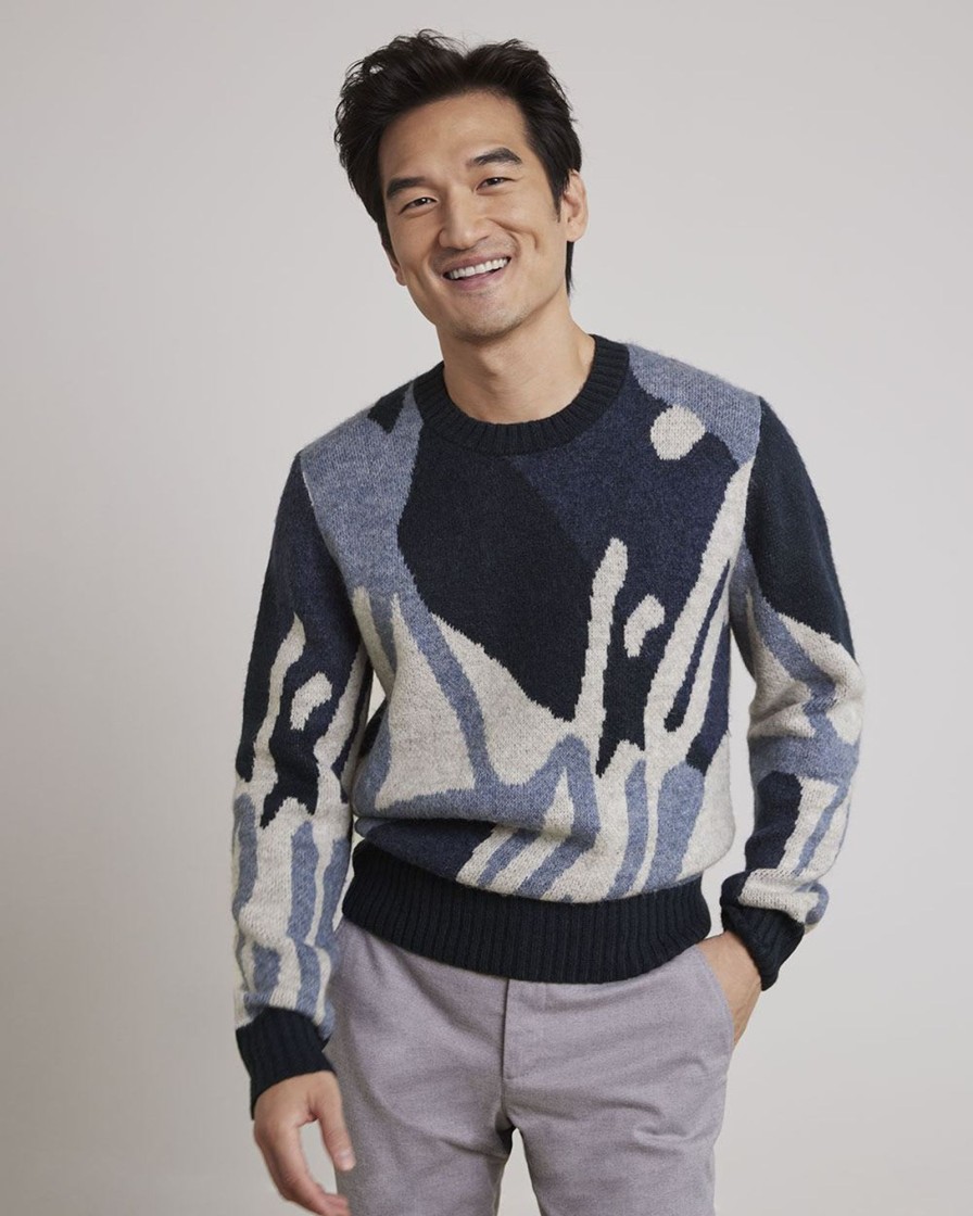 Men r.w. & co. Sweaters & Cardigans | Crew-Neck Sweater With Abstract Landscape Navy Blazer