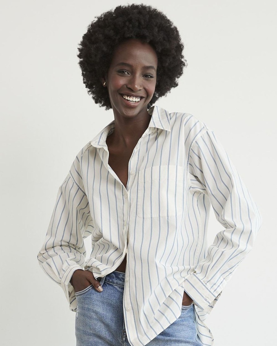 Women r.w. & co. Blouses & Shirts | Long-Sleeve Buttoned-Down Poplin Blouse Blue Stripe Multi