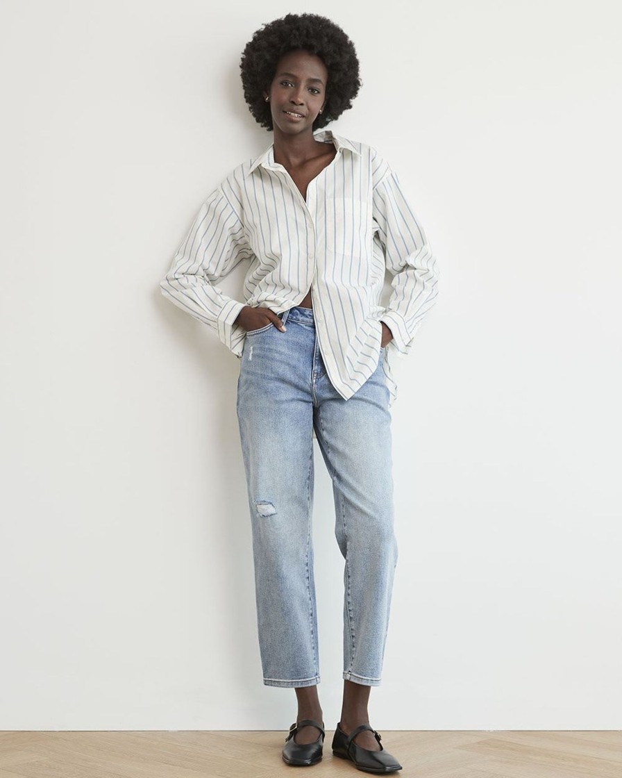 Women r.w. & co. Blouses & Shirts | Long-Sleeve Buttoned-Down Poplin Blouse Blue Stripe Multi