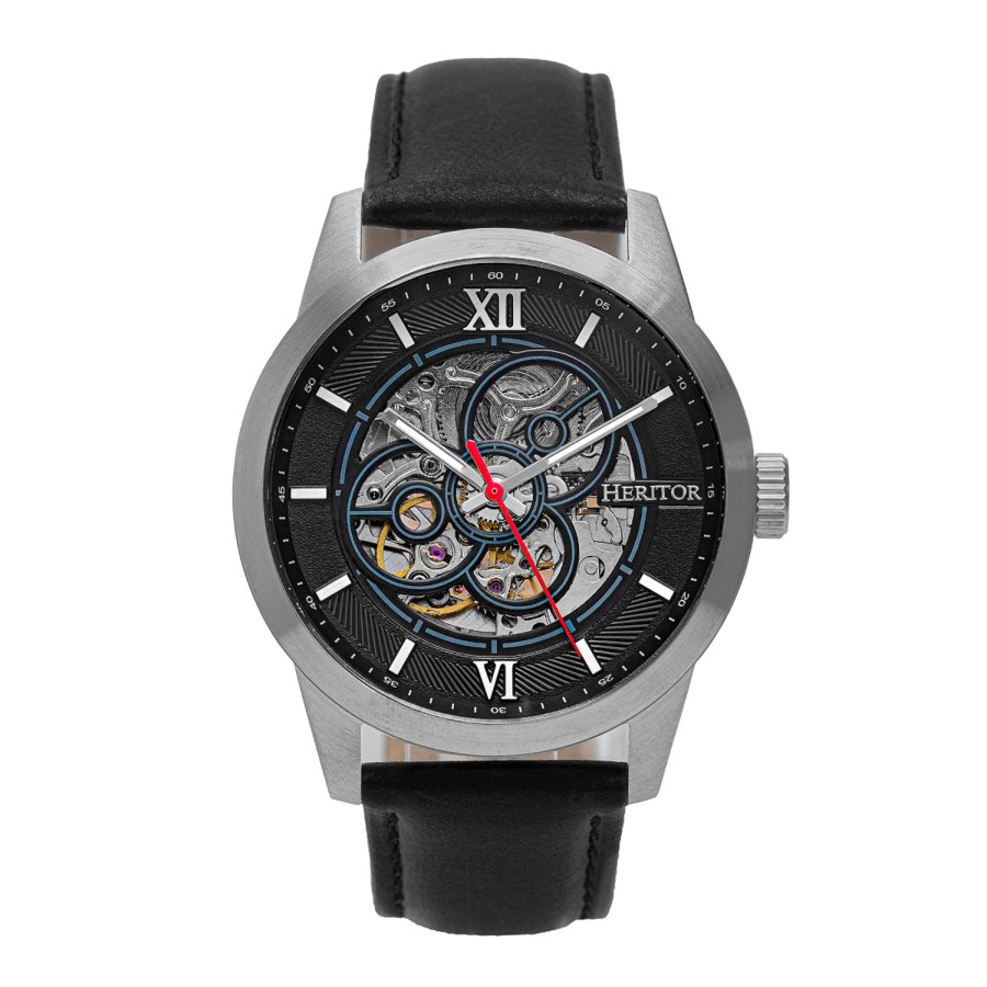 Men heritor automatic Watches | Heritor Automatic - Jonas Leather-Band Skeleton Watch - Silver/Blue Multicolor