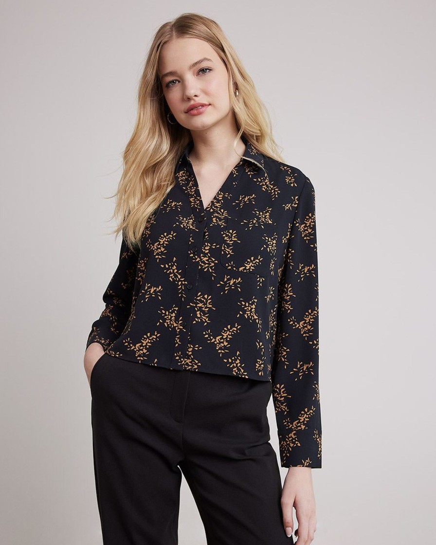 Women r.w. & co. Tops | Long-Sleeve Buttoned-Down Crepe Blouse Black Geo Abstract Multi