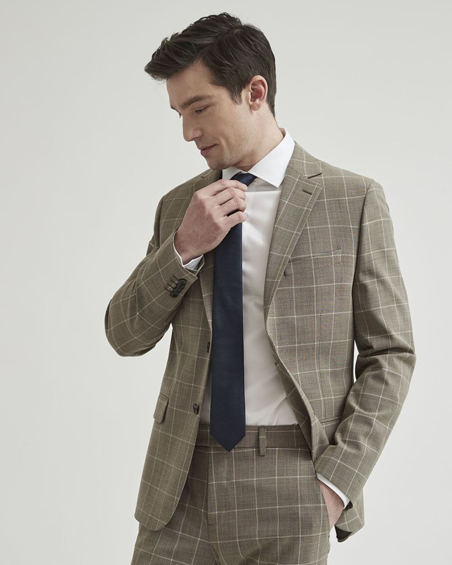 Men r.w. & co. Suits | Slim Fit Beige Windowpane Traveler Blazer Taupe Windowpane