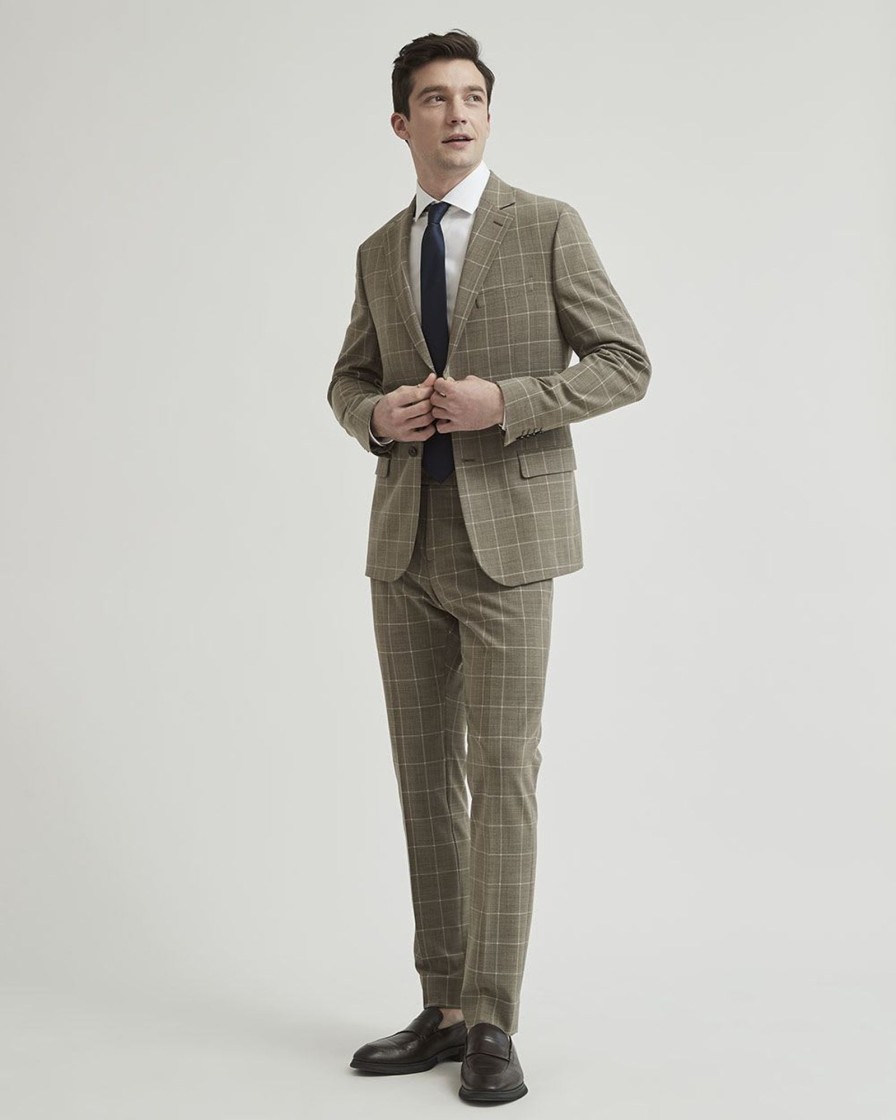 Men r.w. & co. Suits | Slim Fit Beige Windowpane Traveler Blazer Taupe Windowpane