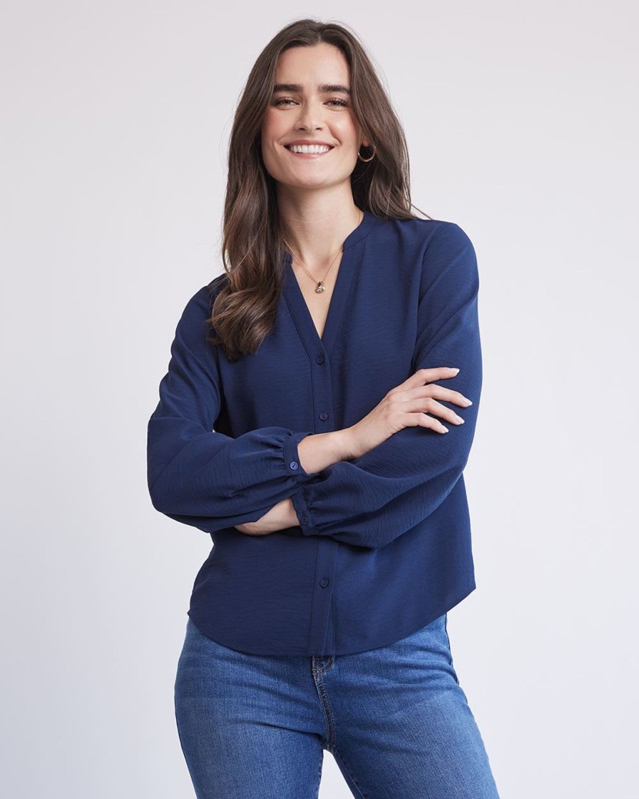 Women r.w. & co. Tops | Long-Sleeve Buttoned-Down Fluid Blouse With V Neckline Peacoat