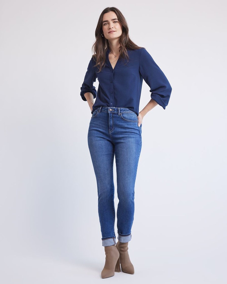 Women r.w. & co. Tops | Long-Sleeve Buttoned-Down Fluid Blouse With V Neckline Peacoat