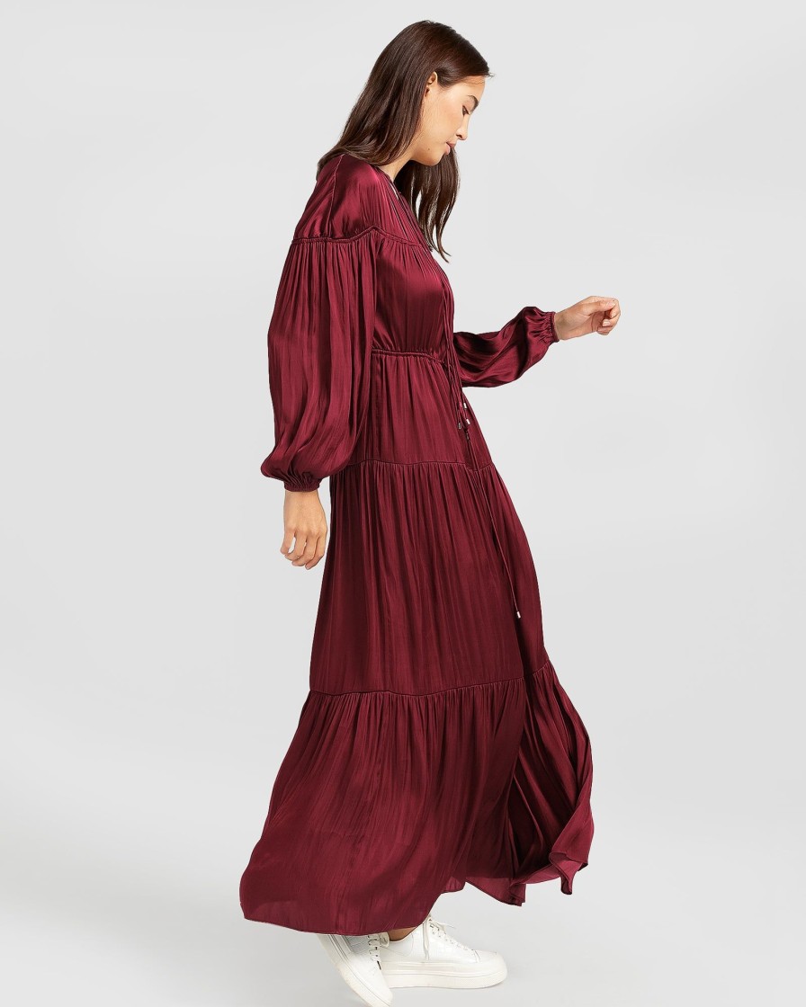 Women belle & bloom Dresses & Jumpsuits | Belle & Bloom Window Seat Tiered Maxi Dress Dark Red