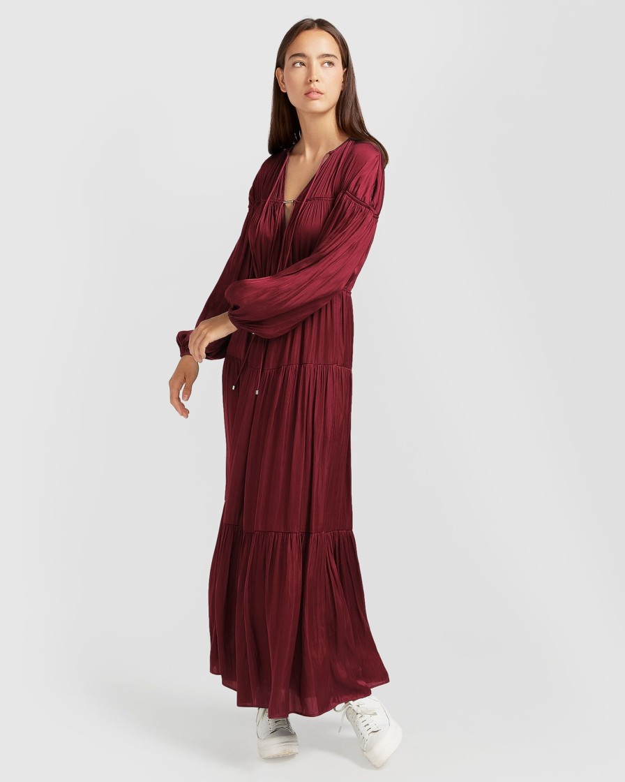 Women belle & bloom Dresses & Jumpsuits | Belle & Bloom Window Seat Tiered Maxi Dress Dark Red