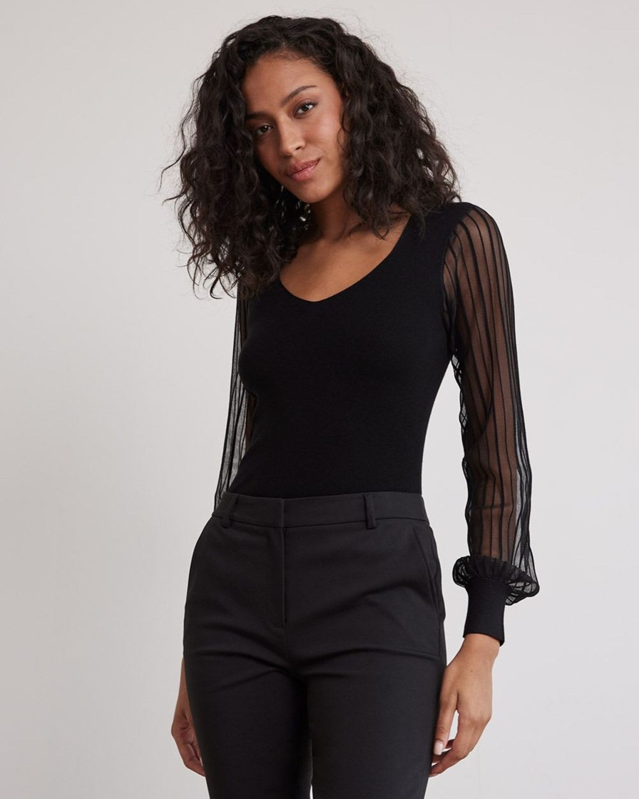 Women r.w. & co. Tops | Long-Puffy-Sleeve Sweater With Sweetheart Neckline Black