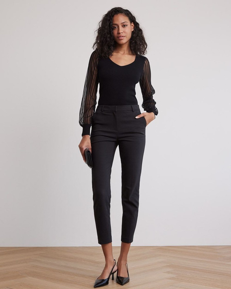 Women r.w. & co. Tops | Long-Puffy-Sleeve Sweater With Sweetheart Neckline Black