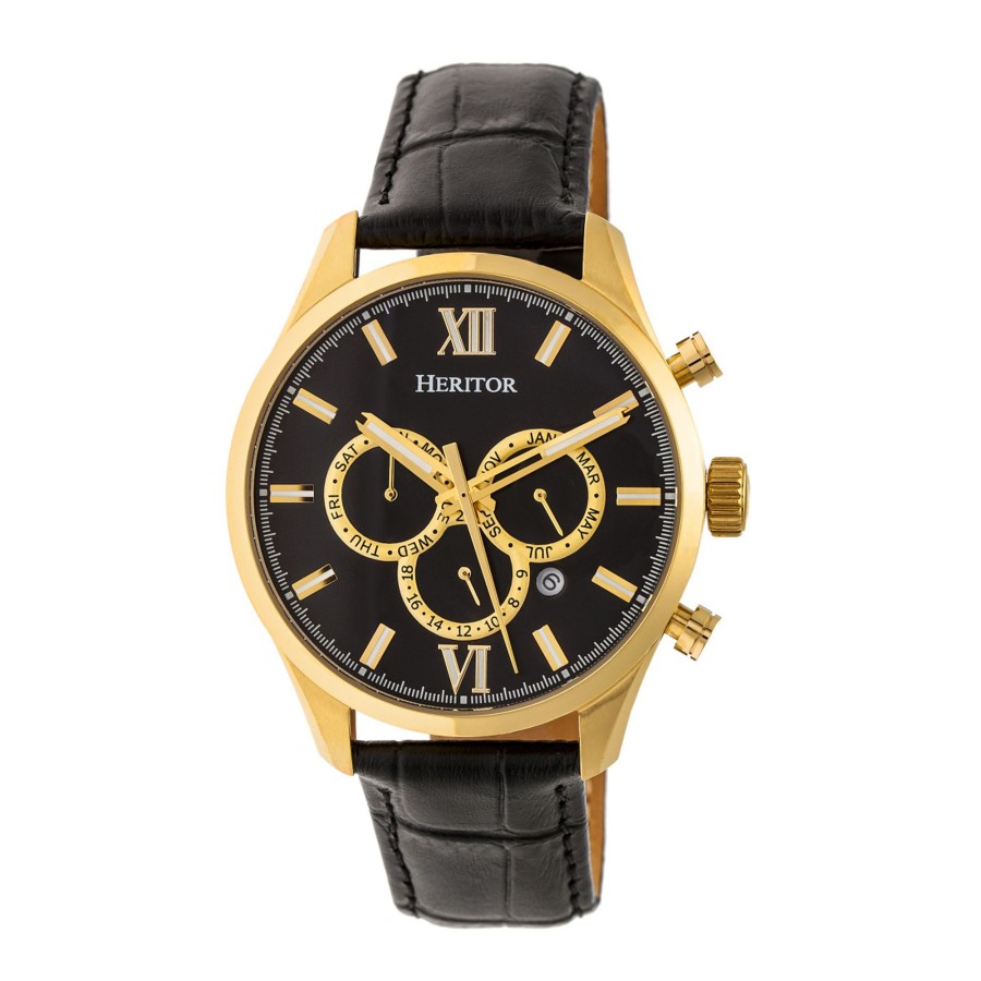 Men heritor automatic Watches | Heritor Automatic - Benedict Leather-Band Watch W/ Day/Date /Black Gold