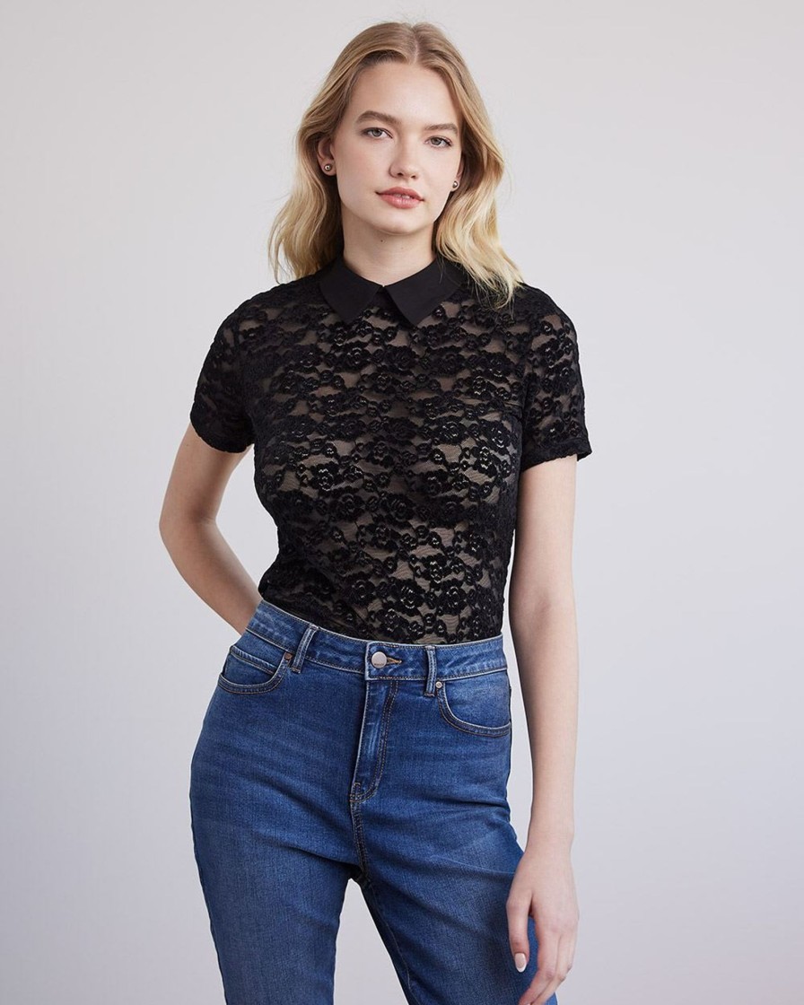 Women r.w. & co. Tops | Short-Sleeve Lace Blouse With Shirt Collar Black