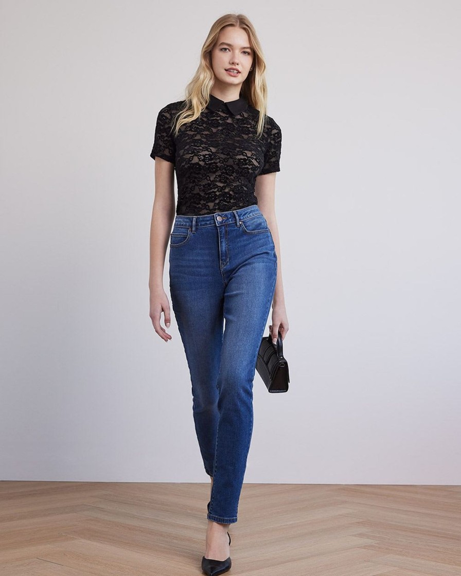 Women r.w. & co. Tops | Short-Sleeve Lace Blouse With Shirt Collar Black