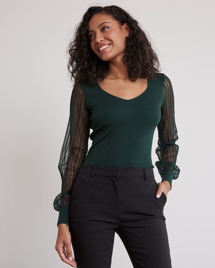 Women r.w. & co. Tops | Long-Puffy-Sleeve Sweater With Sweetheart Neckline Scarab